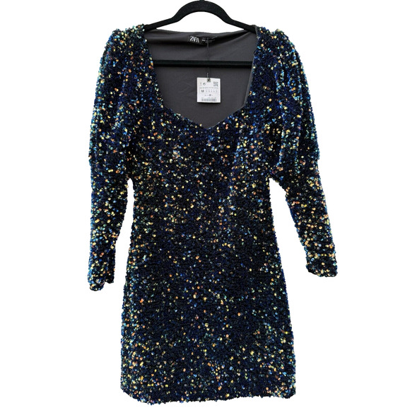 ZARA NWT WOMANS MULTICOLORED SEQUIN VELVET PUFF SLEEVE BODYCON MINI DRESS‎ SZ M - Picture 1 of 15
